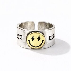 New! Sterling Silver Ring with Gold Smiley Face Adjustable